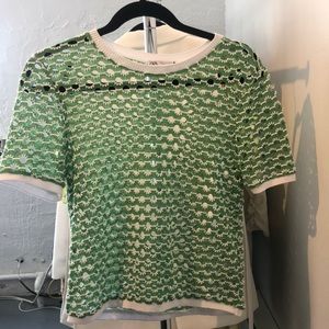 Zara green and white crochet top